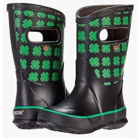 BOGS Unisex Kids Youth Size 2 Boot 4-H Farm Boot Black Green Clovers - Picture 1 of 8